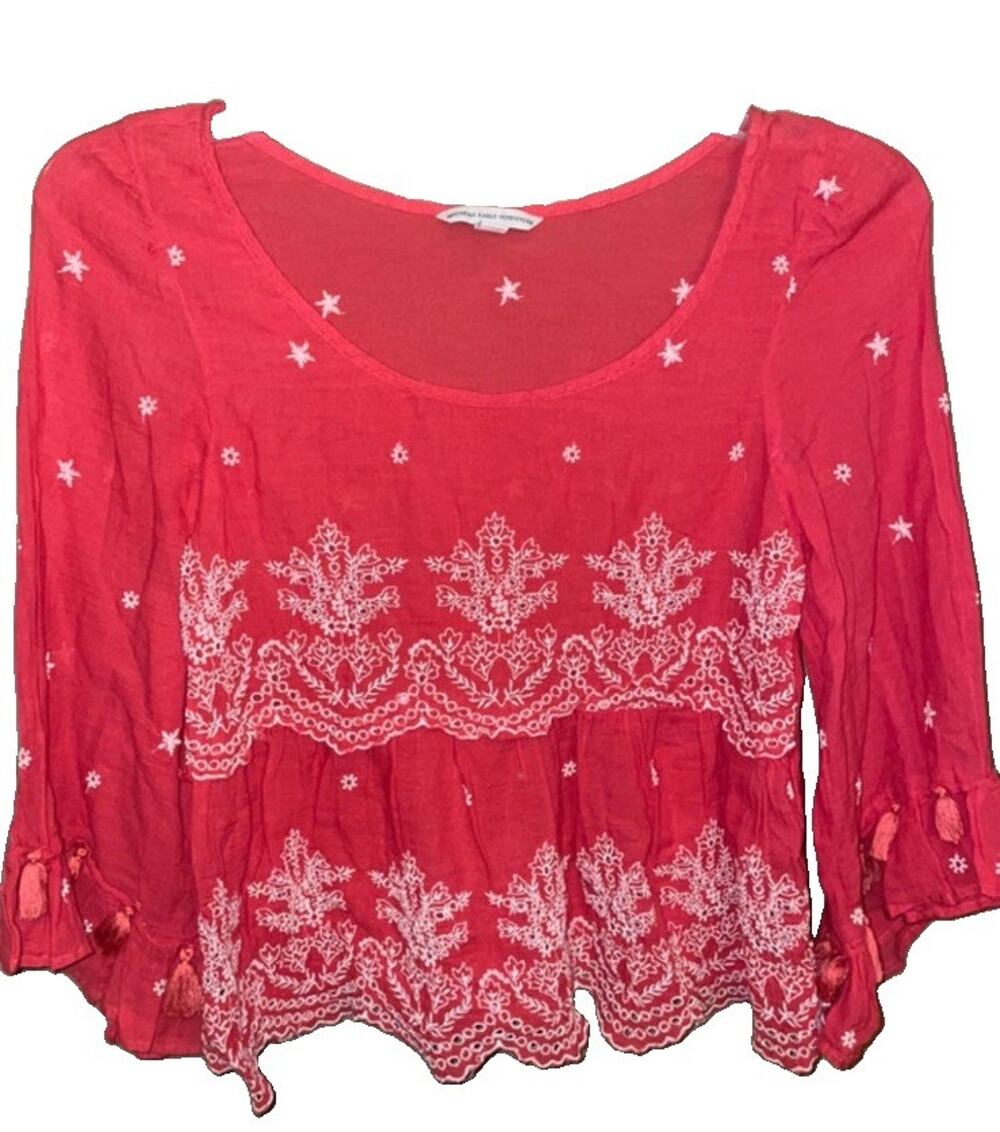 American Eagle Red Embroidered Bell Sleeve Cotton Top Size S Boho Chic Festival